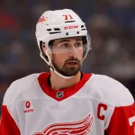 Oct 26, 2024; Buffalo, New York, USA; Detroit Red Wings center Dylan Larkin (71) during a stoppage in play against the Buffalo Sabres in the first period at KeyBank Center.