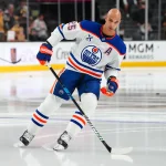 Dec 3, 2024; Las Vegas, Nevada, USA; Edmonton Oilers defenseman Darnell Nurse (25) warms up before a game against the Vegas Golden Knights at T-Mobile Arena.