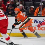 Nov 15, 2024; Anaheim, California, USA; Anaheim Ducks left wing Cutter Gauthier (61) moves the puck against the Detroit Red Wings during the second period at Honda Center.