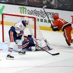 Feb 25, 2026; Anaheim, California, USA; Anaheim Ducks left wing Cutter Gauthier (61) reacts after scoring a goal against Edmonton Oilers goaltender Connor Ingram (39) during the third period at Honda Center.