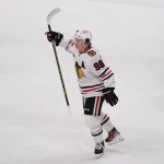 Apr 6, 2026; San Jose, California, USA; Chicago Blackhawks center Connor Bedard (98) celebrates after a goal is scored against the San Jose Sharks in the third period at SAP Center at San Jose.