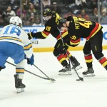 Mar 21, 2026; Vancouver, British Columbia, CAN; Vancouver Canucks center Elias Pettersson (40) shoots the puck towards net and against St. Louis Blues center Robert Thomas (18)at Rogers Arena during the second period.