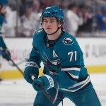 Mar 6, 2026; San Jose, California, USA; San Jose Sharks center Macklin Celebrini (71) warms up before the game against the St. Louis Blues at SAP Center at San Jose.