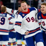 Feb 22, 2026; Milan, Italy; Brady Tkachuk #7 of Team United States and Matthew Tkachuk #19 of Team United States celebrate after their game against Team Canada during the Milano Cortina 2026 Olympic Winter Games at Milano Santagiulia Ice Hockey Arena.