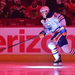 Feb 5, 2025; Chicago, Illinois, USA; Edmonton Oilers center Connor McDavid (97) enters the ice against the Chicago Blackhawks before the game at the United Center.