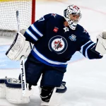 Apr 6, 2026; Winnipeg, Manitoba, CAN; Winnipeg Jets goaltender Connor Hellebuyck (37) warms up before a game against the Seattle Kraken at Canada Life Centre.