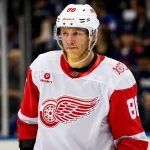 Apr 4, 2026; New York, New York, USA; Detroit Red Wings right wing Patrick Kane (88) skates against the New York Rangers during the first period at Madison Square Garden.