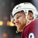 May 24, 2026; Las Vegas, Nevada, USA; Colorado Avalanche center Nathan MacKinnon (29) warms up before a game against the Vegas Golden Knights in game three of the Western Conference Final of the 2026 Stanley Cup Playoffs at T-Mobile Arena