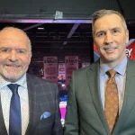 Pierre Houde et Marc Denis, sur les ondes de RDS, à la diffusion d'un match du Canadien de Montréal.