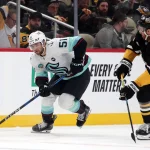 Brand new suitor emerges for Shane Wright and the return haul is steep Jan 14, 2025; Pittsburgh, Pennsylvania, USA; Seattle Kraken center Shane Wright (51) skates with the puck as Pittsburgh Penguins right wing Kevin Hayes (13) chases during the second period at PPG Paints Arena. Mandatory Credit: Charles LeClaire-Imagn Images