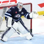 Feb 4, 2026; Winnipeg, Manitoba, CAN; Winnipeg Jets goaltender Connor Hellebuyck (37) warms up before a game against the Montreal Canadiens at Canada Life Centre.