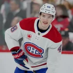 May 29, 2026; Raleigh, North Carolina, USA; Montreal Canadiens defenseman Lane Hutson (48) warms up before game five of the Eastern Conference Final of the 2026 Stanley Cup Playoffs against the Carolina Hurricanes at Lenovo Center.