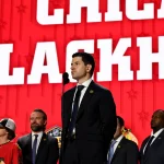 Jun 28, 2023; Nashville, Tennessee, USA; Chicago Blackhawks general manager Kyle Davidson makes the nineteenth pick in round one of the 2023 NHL Draft at Bridgestone Arena.