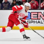 Jan 7, 2024; Anaheim, California, USA; Detroit Red Wings right wing Patrick Kane (88) shoots on goal against the Anaheim Ducks during the first period at Honda Center.