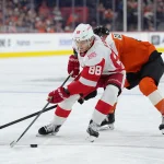Apr 2, 2026; Philadelphia, Pennsylvania, USA; Detroit Red Wings right wing Patrick Kane (88) controls the puck against the Philadelphia Flyers in the second period at Xfinity Mobile Arena.