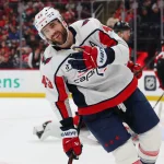 Apr 2, 2026; Newark, New Jersey, USA; Washington Capitals right wing Tom Wilson (43) celebrates his goal against the New Jersey Devils during the third period at Prudential Center.