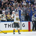 Jan 23, 2026; Toronto, Ontario, CAN; Vegas Golden Knights right wing Mitch Marner (93) acknowledges the crowd after a video board tribute during a TV timeout against the Toronto Maple Leafs in the first period at Scotiabank Arena.