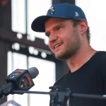 Jun 22, 2025; Fort Lauderdale, Florida, UNITED STATES; Florida Panthers center Aleksander Barkov (16) speaks to the fans during the Stanley Cup championship parade and rally.