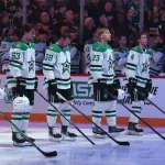 Mar 28, 2026; Pittsburgh, Pennsylvania, USA; Dallas Stars starting line-up including (L to R) right wing Mikko Rantanen (96) and center Wyatt Johnston (53) and left wing Michael Bunting (58) and defenseman Esa Lindell (23) and defenseman Miro Heiskanen (4) stand for the national anthem against the Pittsburgh Penguins at PPG Paints Arena.