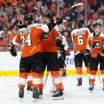 Apr 29, 2026; Philadelphia, Pennsylvania, USA; Philadelphia Flyers defenseman Rasmus Ristolainen (55) celebrates with defenseman Nick Seeler (24) after game six of the first round of the 2026 Stanley Cup Playoffs against the Pittsburgh Penguins at Xfinity Mobile Arena.