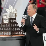 Jun 14, 2026; Las Vegas, Nevada, USA; Commisioner of the NHL Gary Bettman announces the winner of the the Conn Smythe Trophy Carolina Hurricanes center Jordan Staal (11) (not pictured) in game six of the 2026 Stanley Cup Final at T-Mobile Arena.