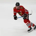 Aug 16, 2020; Edmonton, Alberta, CAN; Chicago Blackhawks center Jonathan Toews skates before game four of the first round of the 2020 Stanley Cup Playoffs against the Vegas Golden Knights at Rogers Place.