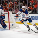Apr 26, 2026; Anaheim, California, USA; Edmonton Oilers defenseman Darnell Nurse (25) skates with puck during the second period against the Anaheim Ducks in game four of the first round of the 2026 Stanley Cup Playoffs at Honda Center.