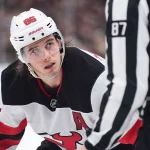 Apr 14, 2026; Boston, Massachusetts, USA; New Jersey Devils center Jack Hughes (86) looks at the linesman before a face-off during the second period against the Boston Bruins at TD Garden.