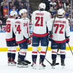 Apr 8, 2026; Toronto, Ontario, CAN; Washington Capitals center Aliaksei Protas (21) and his teammates huddle during a TV timeout against the Toronto Maple Leafs during the first period at Scotiabank Arena