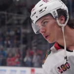 Apr 6, 2026; San Jose, California, USA; Chicago Blackhawks center Connor Bedard (98) warms up before the game against the San Jose Sharks at SAP Center at San Jose.