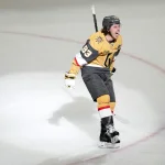 Jun 6, 2026; Las Vegas, Nevada, USA; Vegas Golden Knights right wing Mitch Marner (93) celebrates after scoring his second goal against the Carolina Hurricanes during the second period in game three of the 2026 Stanley Cup Final at T-Mobile Arena. :
