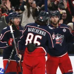Feb 22, 2025; Columbus, Ohio, USA; Columbus Blue Jackets center Adam Fantilli (19) celebrates his goal against the Chicago Blackhawks during the third period at Nationwide Arena. :