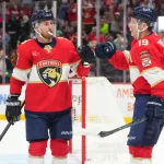 Mar 31, 2026; Sunrise, Florida, USA; Florida Panthers left wing Matthew Tkachuk (19) celebrates his goal with center Sam Bennett (9) during the second period against the Ottawa Senators at Amerant Bank Arena.