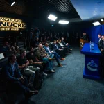 May 14, 2026; Vancouver, BC, Canada; Henrik Sedin and Daniel Sedin and Ryan Johnson take questions from the media during a press conference where the Vancouver Canucks name new senior management staff. Henrik Sedin and his twin brother Daniel Sedin have been appointed as co-presidents of hockey operations and Ryan Johnson is now the new general manager of the club at Rogers Arena.