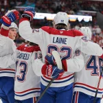 30 mars 2025 ; Lever du soleil, Floride, États-Unis ; Patrik laine (92), aile droite des Canadiens de Montréal, célèbre avec ses coéquipiers après avoir obtenu son score contre les Panthers de la Floride pendant la première période à l'Amerant Bank Arena.