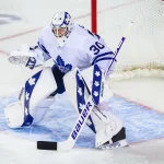 Apr 4, 2021; Calgary, Alberta, CAN; Toronto Maple Leafs goaltender Michael Hutchinson (30) guards his net against the Calgary Flames during the second period at Scotiabank Saddledome.