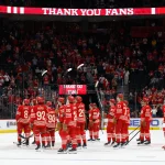 Apr 11, 2026; Detroit, Michigan, USA; Detroit Red Wings salute their fans after the game against the New Jersey Devils at Little Caesars Arena.: