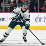 Dec 9, 2025; Philadelphia, Pennsylvania, USA; San Jose Sharks center Macklin Celebrini (71) against the Philadelphia Flyers at Xfinity Mobile Arena.