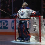 Dec 16, 2025; Pittsburgh, Pennsylvania, USA; Edmonton Oilers goaltender Tristan Jarry (35) looks up during player introductions against the Pittsburgh Penguins during the first period at PPG Paints Arena.