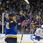 Nov 3, 2025; St. Louis, Missouri, USA; St. Louis Blues center Robert Thomas (18) reacts after scoring the game tying goal against the Edmonton Oilers during the second period at Enterprise Center.