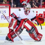Mar 12, 2023; Calgary, Alberta, CAN; Ottawa Senators goaltender Kevin Mandolese (70) guards his net against the Calgary Flames during the second period at Scotiabank Saddledome.