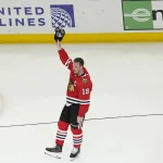 Apr 13, 2023; Chicago, Illinois, USA; Chicago Blackhawks center Jonathan Toews (19) is honored after the game against the Philadelphia Flyers. He played his last game as a Blackhawk, at United Center.