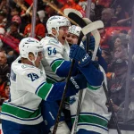 Apr 12, 2026; Anaheim, California, USA; Vancouver Canucks center Curtis Douglas (42) celebrates following a goal during the first period against the Anaheim Ducks at Honda Center.
