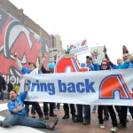 Apr 10; Newark, NJ, USA; Fans of the former NHL franchise, the Quebec Nordiques rally outside the Prudential Center before the game between the New Jersey Devils and the Boston Bruins. Mandatory Credit: Ed Mulholland-USA TODAY Sports