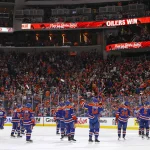 Apr 28, 2026; Edmonton, Alberta, CAN; The Edmonton Oilers celebrate a 4-1 win over the Anaheim Ducks in game five of the first round of the 2026 Stanley Cup Playoffs at Rogers Place. :