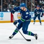 Apr 14, 2026; Vancouver, British Columbia, CAN; Vancouver Canucks forward Elias Pettersson (40) shoots against the Los Angeles Kings in the second period at Rogers Arena.