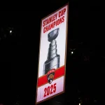Oct 7, 2025; Sunrise, Florida, USA; Florida Panthers raise second Stanley Cup banner before the game against the Chicago Blackhawks at Amerant Bank Arena.