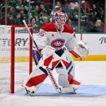 Jan 4, 2026; Dallas, Texas, USA; Montreal Canadiens goaltender Sam Montembeault (35) faces the Dallas Stars attack during the game between the Stars and the Canadiens at the American Airlines Center