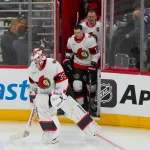 Apr 20, 2026; Raleigh, North Carolina, USA; Ottawa Senators goaltender Linus Ullmark (35), right wing Drake Batherson (19) and left wing Brady Tkachuk (7) come out onto the ice for the warmups before the game against the Carolina Hurricanes in game two of the first round of the 2026 Stanley Cup Playoffs at Lenovo Center.