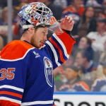 Mar 6, 2026; Edmonton, Alberta, CAN; Edmonton Oilers goaltender Tristan Jarry (35) takes a break between whistles against the Carolina Hurricanes at Rogers Place.